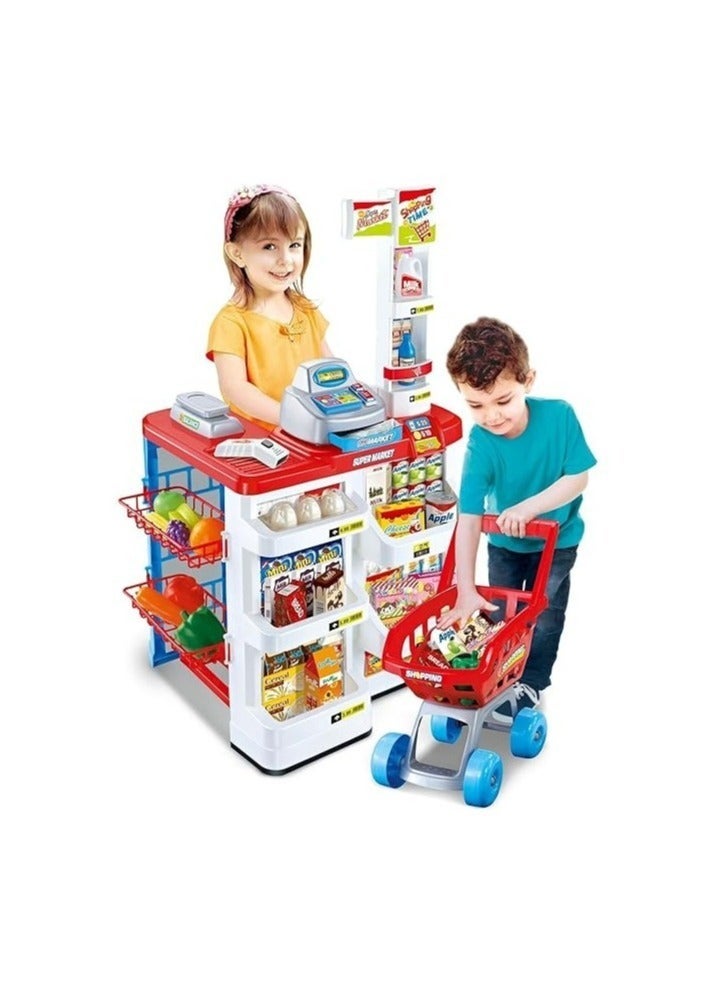 Kiko Supermarket Cash Register Play Set + Shopping Cart with Working Scanner Light and Sound, Pretend Food, Shopping cart, Currency - Image 1