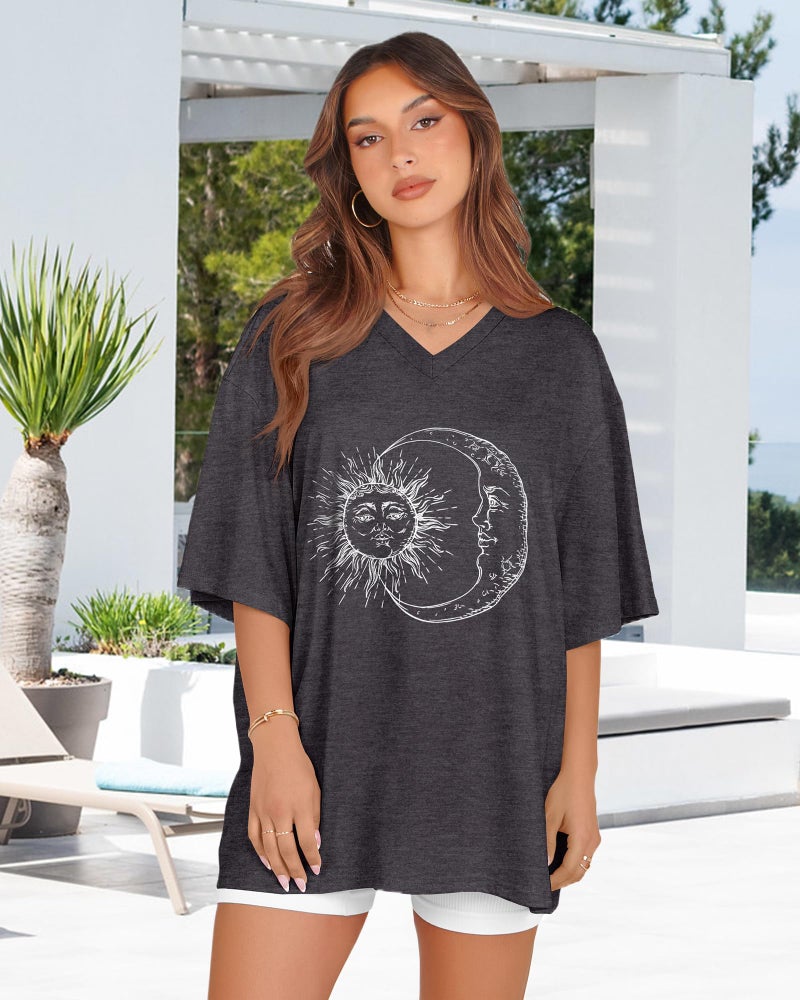 rosemia Oversized Tshirts for Women V Neck Short Sleeve Summer Casual Basic Loose Tops, Gray White Sun Moon, L - Image 5