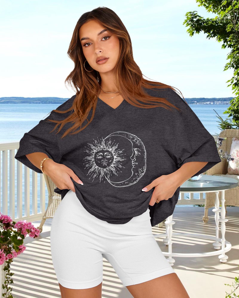rosemia Oversized Tshirts for Women V Neck Short Sleeve Summer Casual Basic Loose Tops, Gray White Sun Moon, L - Image 2