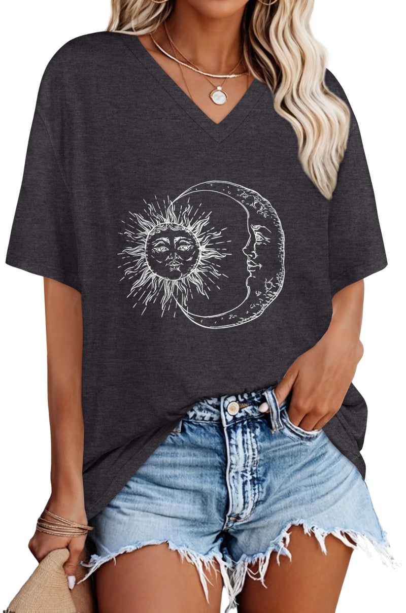 rosemia Oversized Tshirts for Women V Neck Short Sleeve Summer Casual Basic Loose Tops, Gray White Sun Moon, L - Image 1