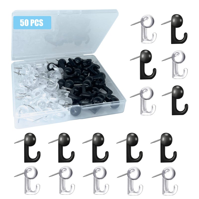 Hovesty 50 PCS Push Pin Hooks Plastic Heads Cork Board Hooks Decorative Thumb Tacks Hook for Photo Wall Bulletin Board Home Wall Home Office School Supplies Black and Clear 