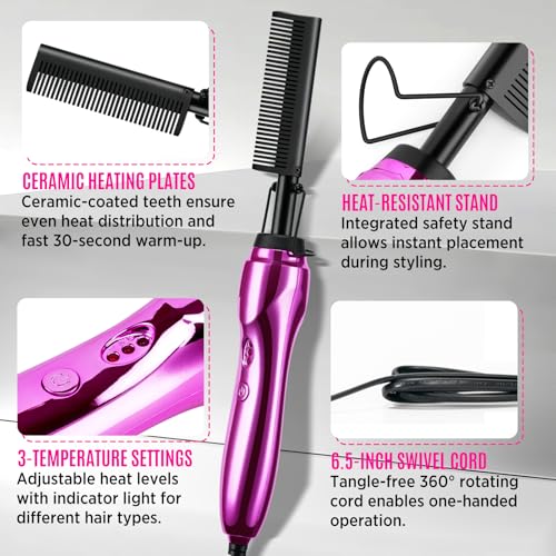 Goiple Hot Comb Hair Straightener Set for Lace Front Wigs Heat Pressing Combs Ceramic Curling Flat Iron Electric Hot Comb for Wigs Hair Straighteners Straightening Comb for Women Wig Installation Kit - Image 3