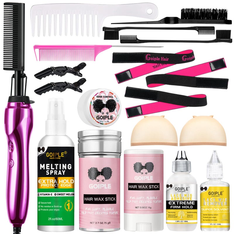 Goiple Hot Comb Hair Straightener Set for Lace Front Wigs Heat Pressing Combs Ceramic Curling Flat Iron Electric Hot Comb for Wigs Hair Straighteners Straightening Comb for Women Wig Installation Kit - Image 2
