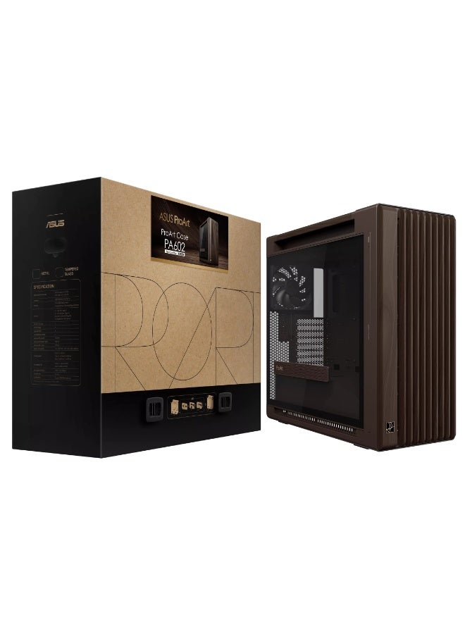 ASUS ProArt PA602 Wood Edition Mid-Tower PC Case, Retro Brown Walnut Front, Tempered Glass Side Panel, ATX/E-ATX/Micro-ATX/ITX, 440mm GPU, 420mm Radiator, Pre-installed Fans, USB-C & USB 3.2, Tool-less HDD/SSD, Retro Brown | 90DC00J8-B09000 - Image 1