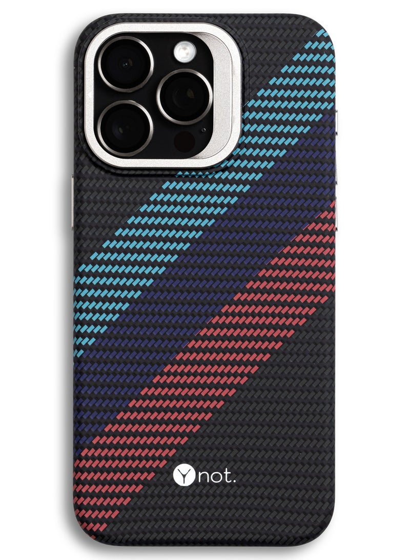 YNOT MagSafe carbon fiber protection case with camera stand for iPhone 16 Pro - Black with colored lines - Image 1