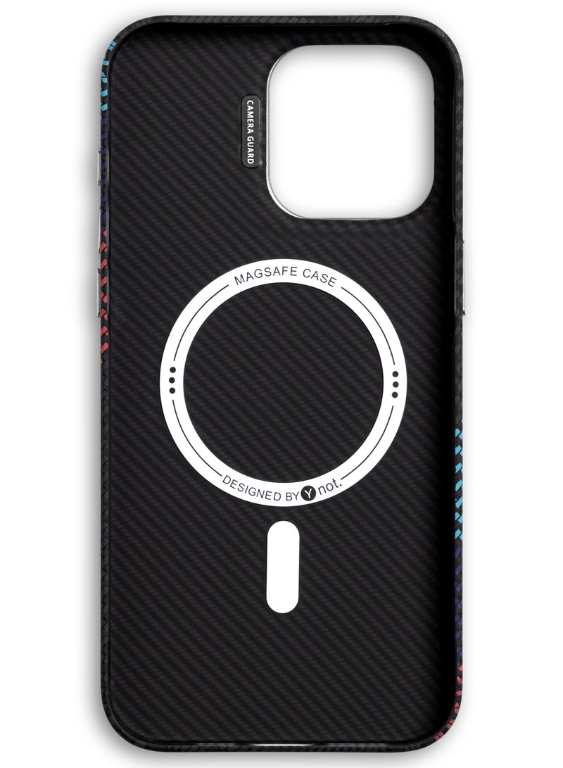 YNOT MagSafe carbon fiber protection case with camera stand for iPhone 16 Pro - Black with colored lines - Image 3