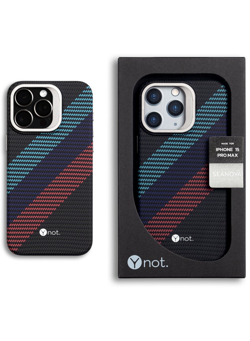 YNOT MagSafe carbon fiber protection case with camera stand for iPhone 16 Pro - Black with colored lines - Image 2