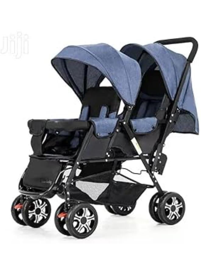 Double Twin Baby Stroller Pram | Shock Proof | Wide Seat And Canopy | 360° Rotating Wheels | Big Basket | Fully Recylinable | Newborn Baby/Kids | 0-3 Years Blue|