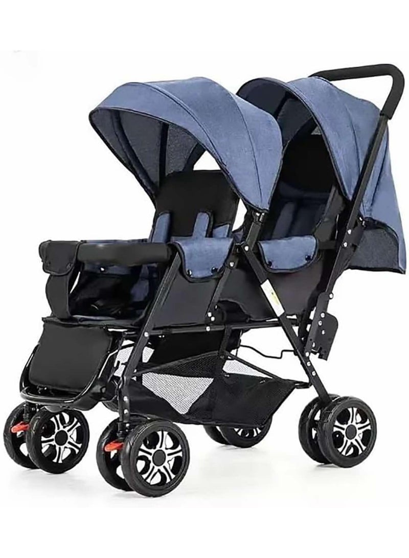 Double Twin Baby Stroller Pram | Shock Proof | Wide Seat And Canopy | 360° Rotating Wheels | Big Basket | Fully Recylinable | Newborn Baby/Kids | 0-3 Years Blue|