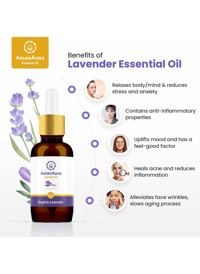 ASIAN AURA Lavender Essential Oil Pure Undiluted Steam Distilled Ideal for Aromatherapy Diffusers Skin Care Hair Care Therapeutic Grade Oil 15ml YogaMeditationSpaHome Fragrance  - Image 2