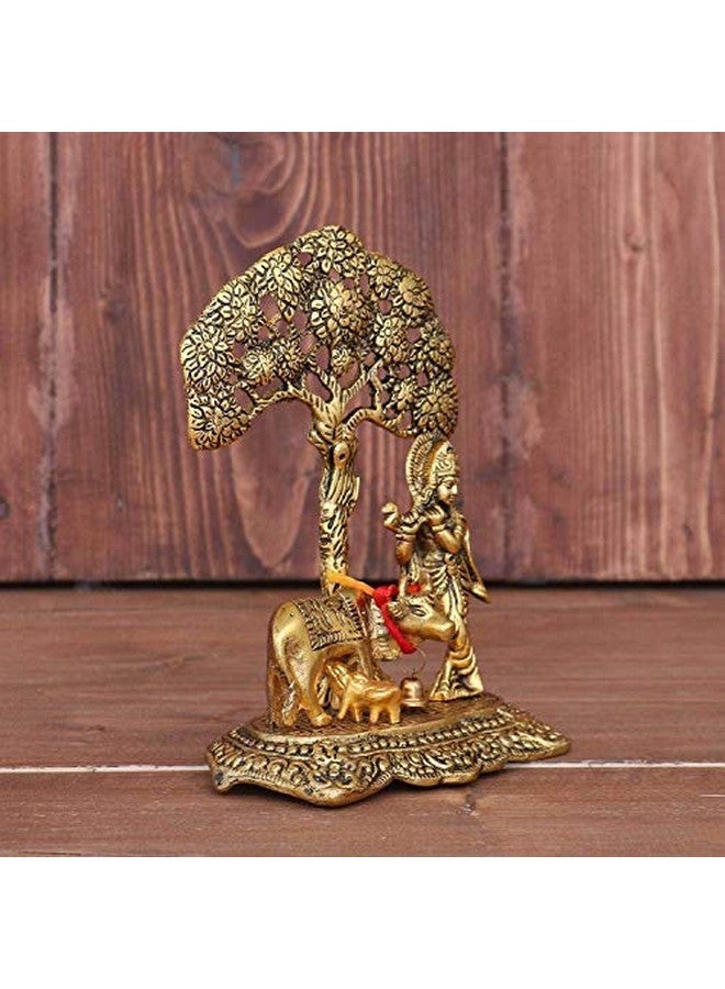 Craftam Aluminium Metal Golden Plating Krishna with Cow Standing Under Tree Showpiece - Image 2