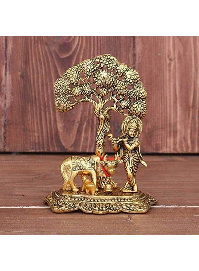 Craftam Aluminium Metal Golden Plating Krishna with Cow Standing Under Tree Showpiece - Image 1