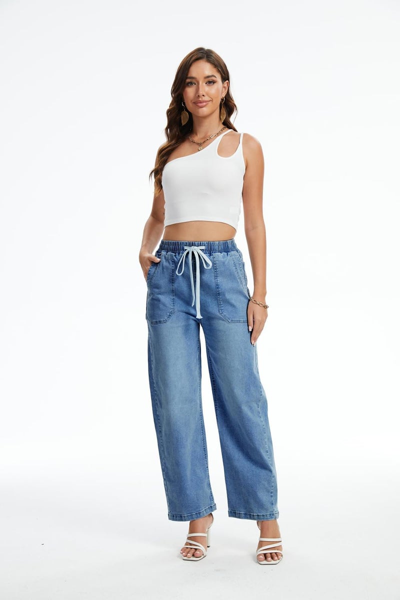 YOCUR Womens Drawstring Wide Leg High Waisted Jeans Elastic Waist Stretchy Straight Leg Baggy Denim Pants with Pockets Blue M - Image 3