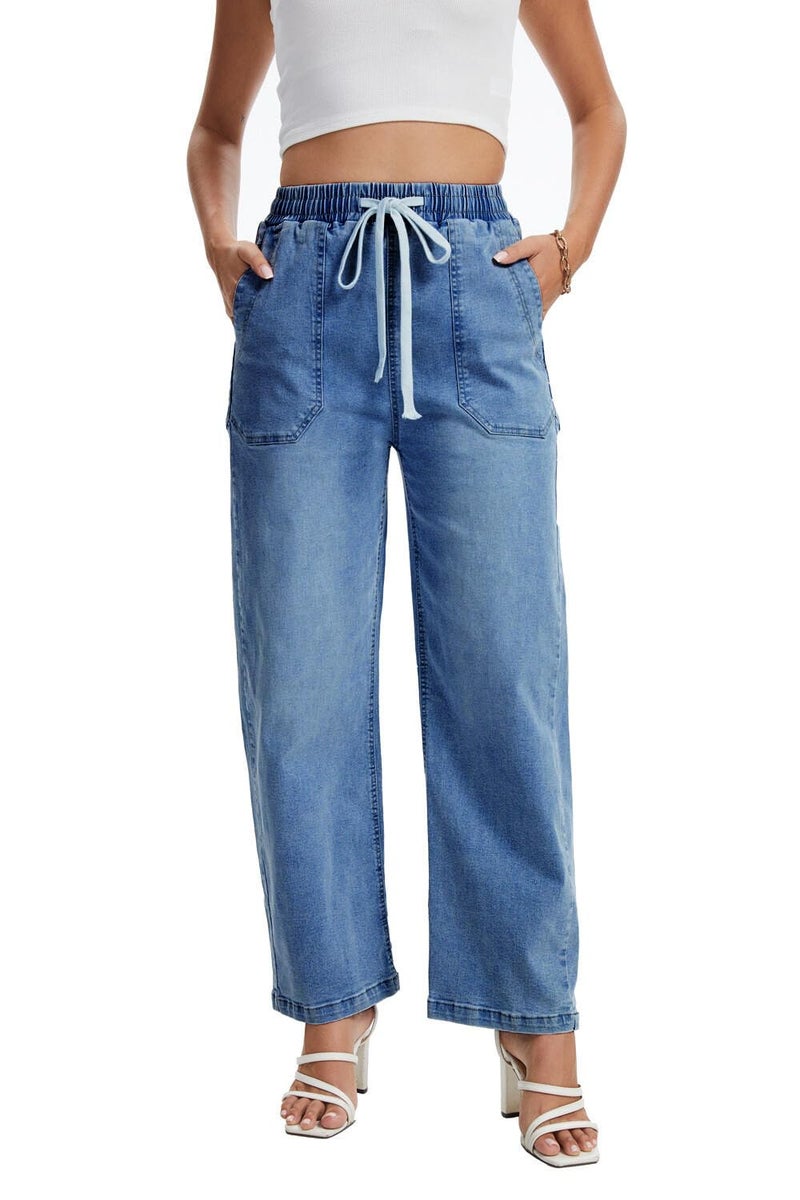 YOCUR Womens Drawstring Wide Leg High Waisted Jeans Elastic Waist Stretchy Straight Leg Baggy Denim Pants with Pockets Blue M - Image 1