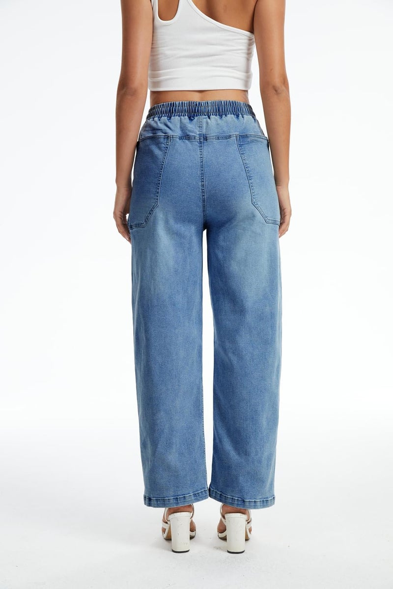 YOCUR Womens Drawstring Wide Leg High Waisted Jeans Elastic Waist Stretchy Straight Leg Baggy Denim Pants with Pockets Blue M - Image 2