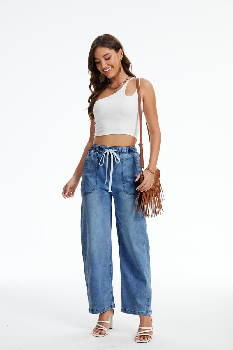 YOCUR Womens Drawstring Wide Leg High Waisted Jeans Elastic Waist Stretchy Straight Leg Baggy Denim Pants with Pockets Blue M - Image 4