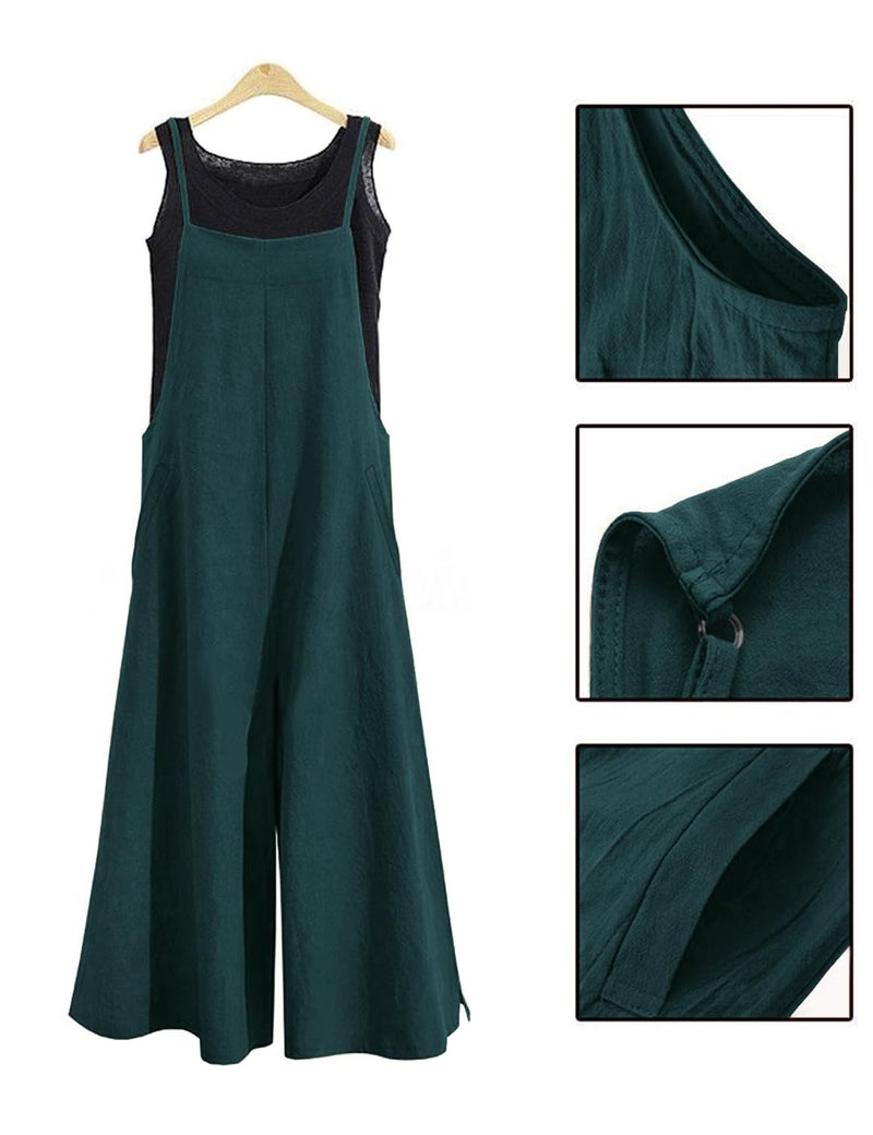 YESNO Women Casual Loose Long Bib Pants Wide Leg Jumpsuits Baggy Cotton Rompers Overalls with Pockets (L PZZTYP2 Acid Blue) - Image 4