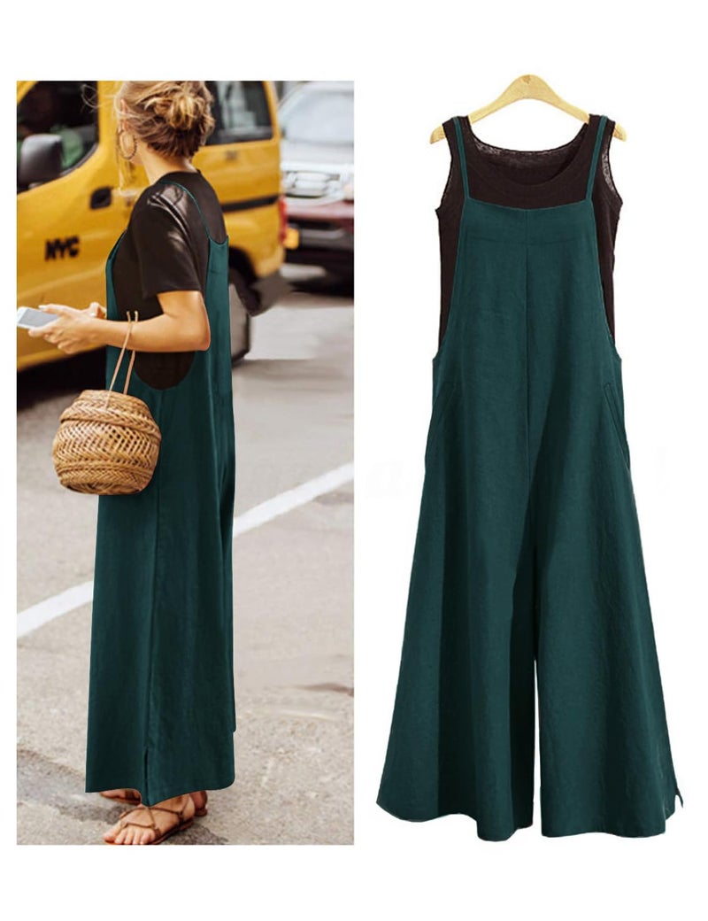YESNO Women Casual Loose Long Bib Pants Wide Leg Jumpsuits Baggy Cotton Rompers Overalls with Pockets (L PZZTYP2 Acid Blue) - Image 3