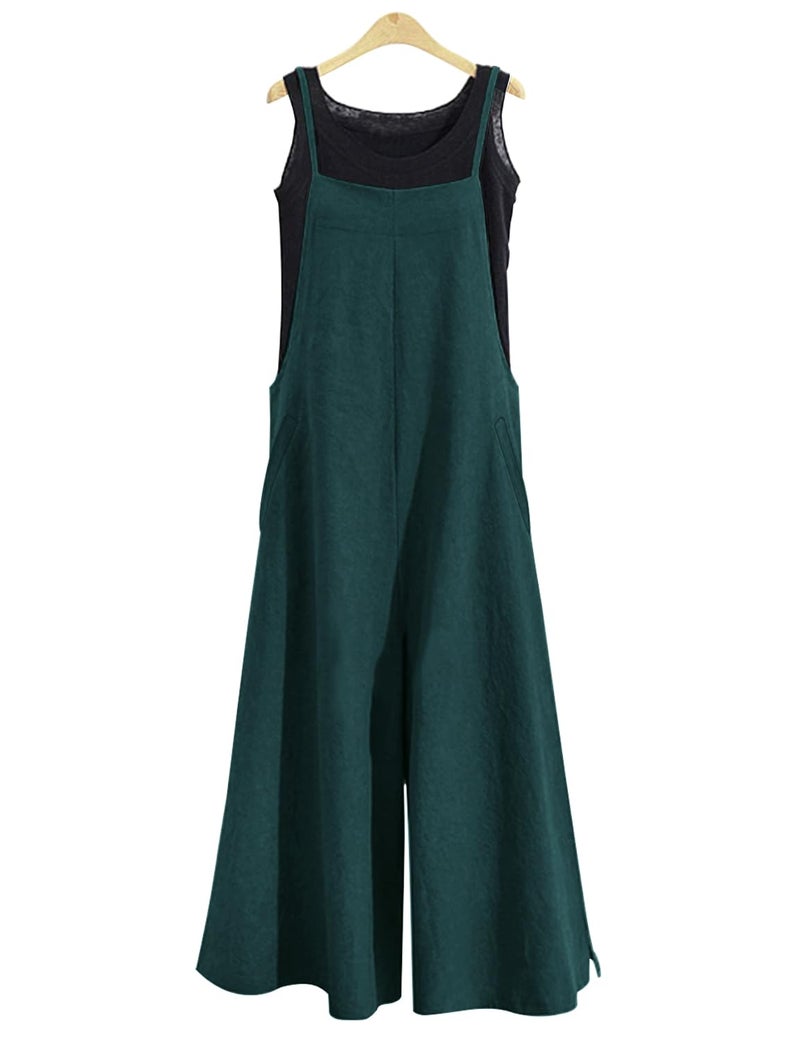 YESNO Women Casual Loose Long Bib Pants Wide Leg Jumpsuits Baggy Cotton Rompers Overalls with Pockets (L PZZTYP2 Acid Blue) - Image 2