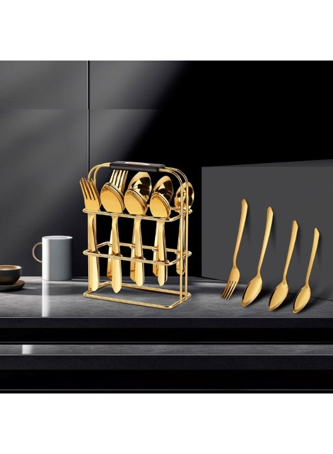 Decent 24-Piece Stainless Steel Cutlery Set with Stand – Premium PVD Gold Finish | Spoons & Forks Set for Dining | Durable Rust-Resistant Flatware with Storage Stand - Image 2