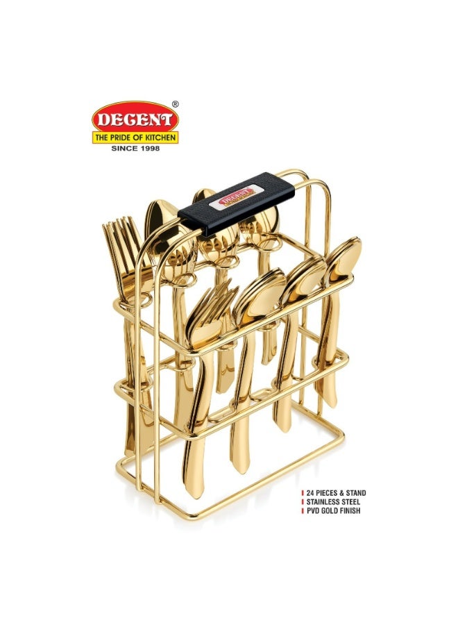 Decent 24-Piece Stainless Steel Cutlery Set with Stand – Premium PVD Gold Finish | Spoons & Forks Set for Dining | Durable Rust-Resistant Flatware with Storage Stand - Image 3
