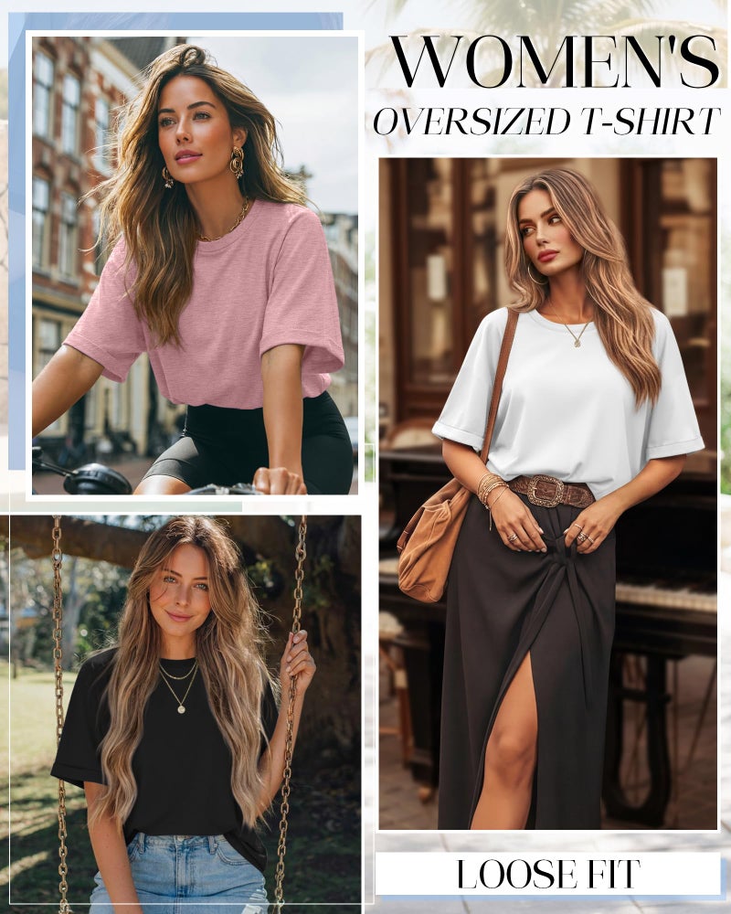 Riyiper 3 Pack Women's Oversized T-Shirt Half Sleeve Summer Tees Casual Loose Fit Crew Neck Basic Tops(Black, White, Pink,Small) - Image 3