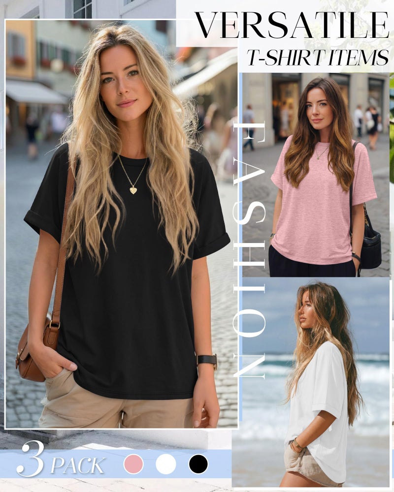 Riyiper 3 Pack Women's Oversized T-Shirt Half Sleeve Summer Tees Casual Loose Fit Crew Neck Basic Tops(Black, White, Pink,Small) - Image 5