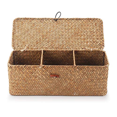 DECRAFTS Seagrass Storage Basket with Lid Rectangular Small Woven Shelf Baskets with Sections for Organize Snack Toys Tampon - Image 2