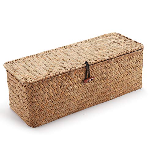DECRAFTS Seagrass Storage Basket with Lid Rectangular Small Woven Shelf Baskets with Sections for Organize Snack Toys Tampon - Image 3