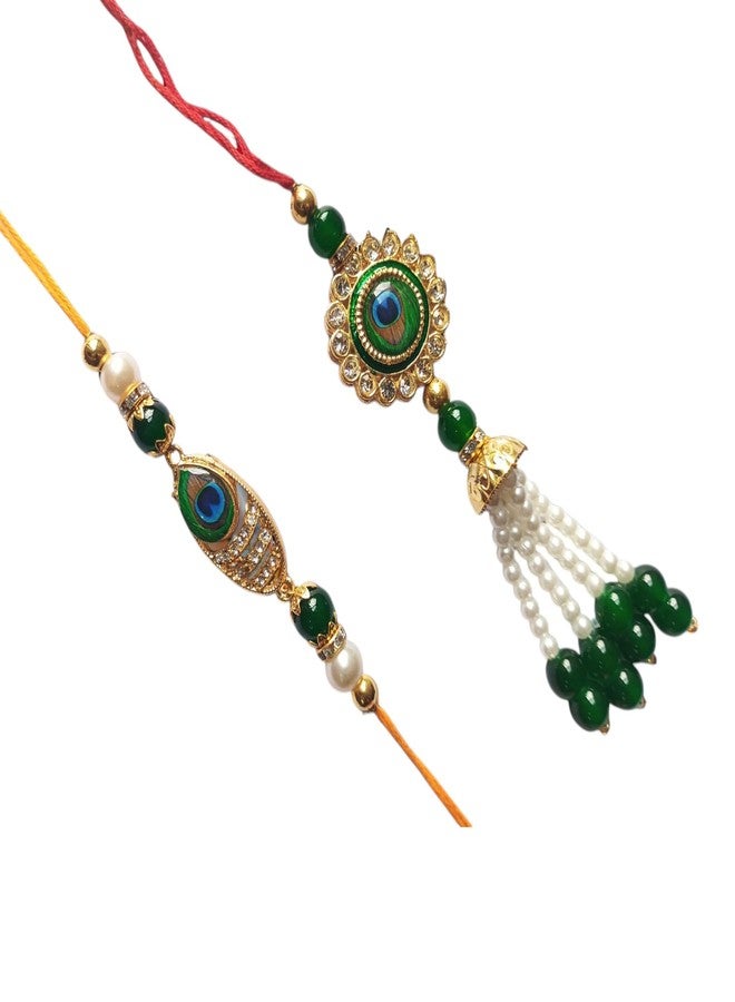 Comelyns Rakhi Set For Bhaiya Bhabhi With Printed Ceramic Mug Combo Set of 4 Rakhi, Roli, Chawal and Mug set Peacock feather