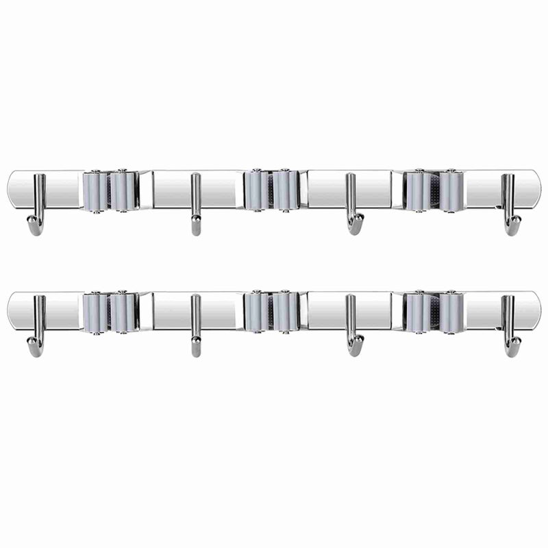 Broom Hoolder Stainless Steel 3 Clips and 4 Hooks Gray Mop Holder Pack of 2 for Kitchen - Image 1