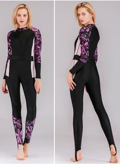 Women Swimwear Long Sleeve Contrast Panel Zip Swimsuit Full Body Swimwear Rash Guard with Sun Protection