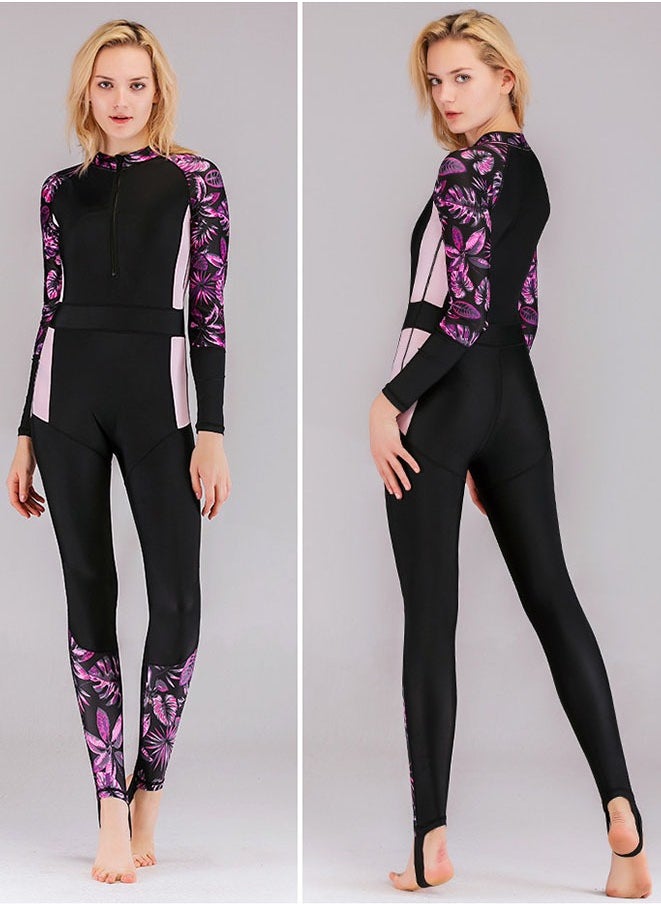 Muyixin - Women Swimwear Long Sleeve Contrast Panel Zip Swimsuit Full Body Swimwear Rash Guard with Sun Protection - Image 1