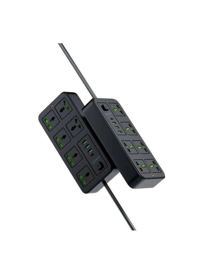 porodo 6 AC Universal Sockets Surge Protector Power Strip with Type-C and 3 USB-A UK  2000W AC output/ 3m Cable Length - Black - Image 2