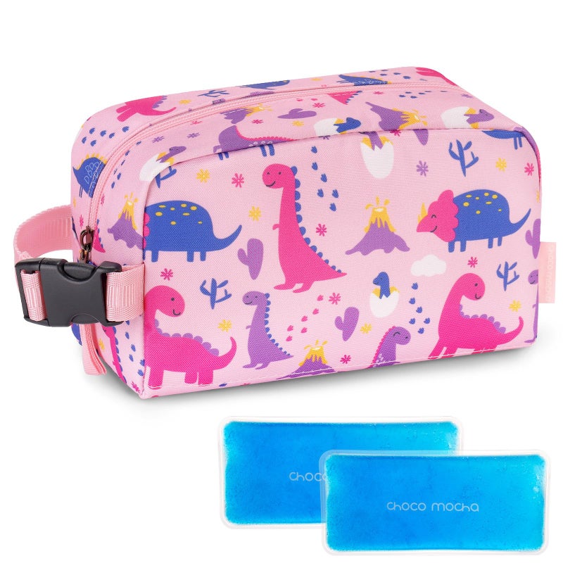 Choco Mocha Small insulated Snack Bag Kids Freezer Snack Bags Small Cooler Bag for Kids, School Insulated Lunch Bags, Dinosaur Pink - Image 1