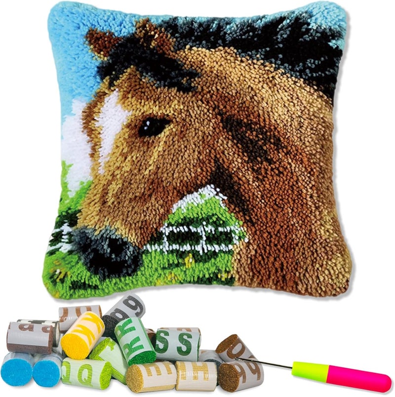 LAPATAIN Latch Hook Kits for DIY Throw Pillow Cover,Needlework Cushion Cover Hand Craft Crochet for Great Family 17X17inch(Brown Horse) - Image 1