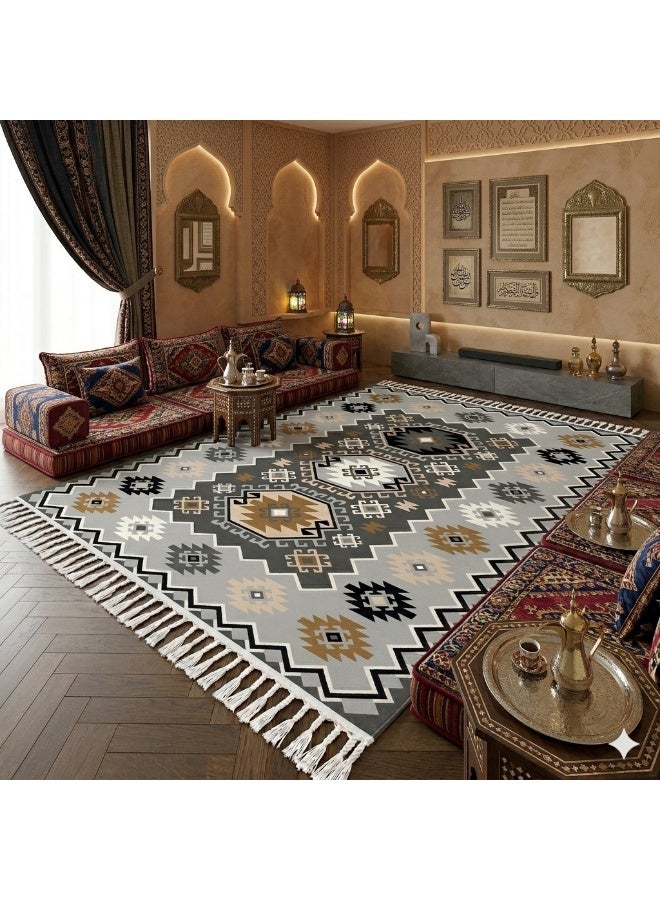 بديل سجاد ثلاثي الأبعاد 3D بتصميم بوهيمي قبلي فاخر قابل للغسيل بظهر دوتس مانع للانزلاق - مقاس 160×230 سم - موديل أزتك قبلي - Image 1