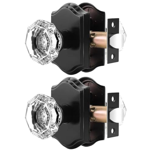 Orger Passage Door Knobs for Hallway and Closet, Glass Door Handles with Non-Locking Latch, Octagonal Clear Crystal Door Knobs 2 Pack, Black Vintage Rosette with Heavy Duty Crystal - Image 1