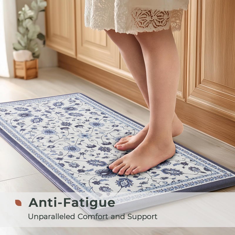 FRESHMINT Anti Fatigue Kitchen Mats for Floor 2 Piece Set, Waterproof & Non-Skid Vintage Floarl Kitchen Rugs, Cushioned Kitchen Mat for Standing Washable Comfort Desk Kitchen Runners, 17x30''+17x47'' - Image 3