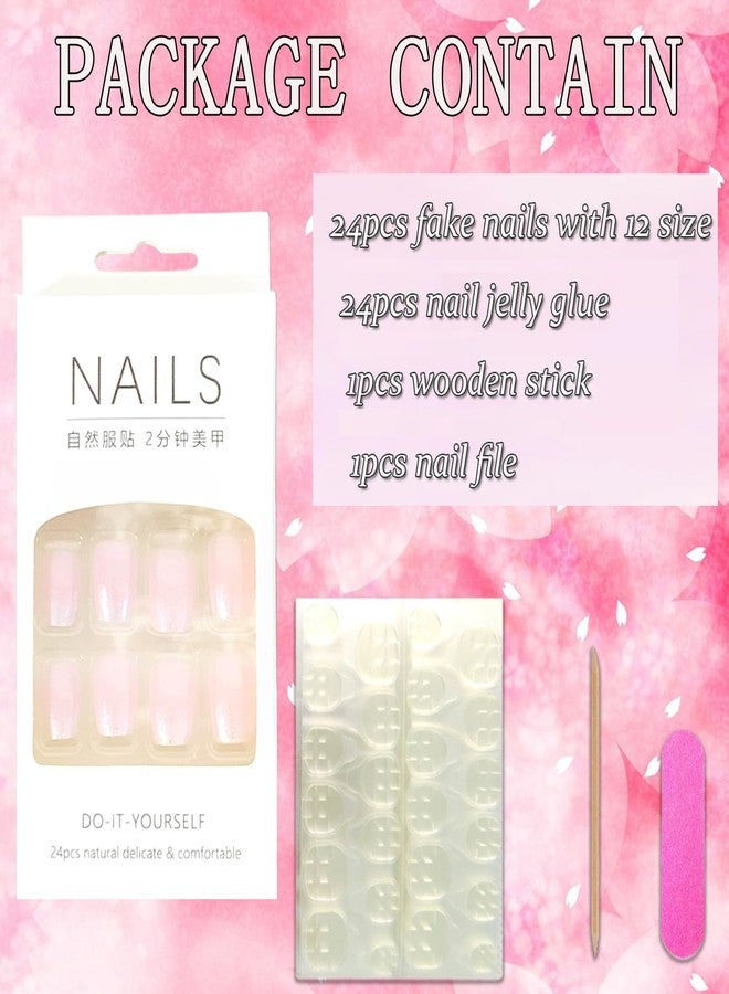 Vezocim مجموعة أظافر أكريليك مزوّقة لامعة كاملة التغطية، 24 قطعة أظافر مضغوطة قصيرة بتصاميم تدرج أبيض، أظافر مزيفة مربعة صناعية مع غراء للأظافر مع سحر للنساء - Image 4