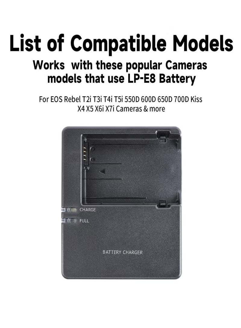 كيلا شاحن بطارية LC-E8 LC-E8C لكاميرات كانون EOS Rebel: EOS T2i T3i T4i T5i X4 X5 X6i X7i DSLR، أسود، مع كابل طاقة.  - Image 5