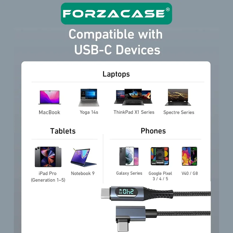 Forzacase 240W PD Type-C to Type-C LED Display 8K@60Hz 40GBPS Data and Charging Cable - FC896