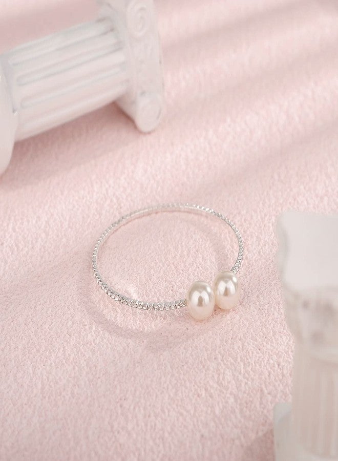 Xerling Pearl Open Cuff Bracelets for Women Minimalist Hand Chain Bracelets Bling Bridal Rhinestones Bracelets for Wedding Elastic Hand Jewelry Stretchable (Type A-Silver) - Image 4