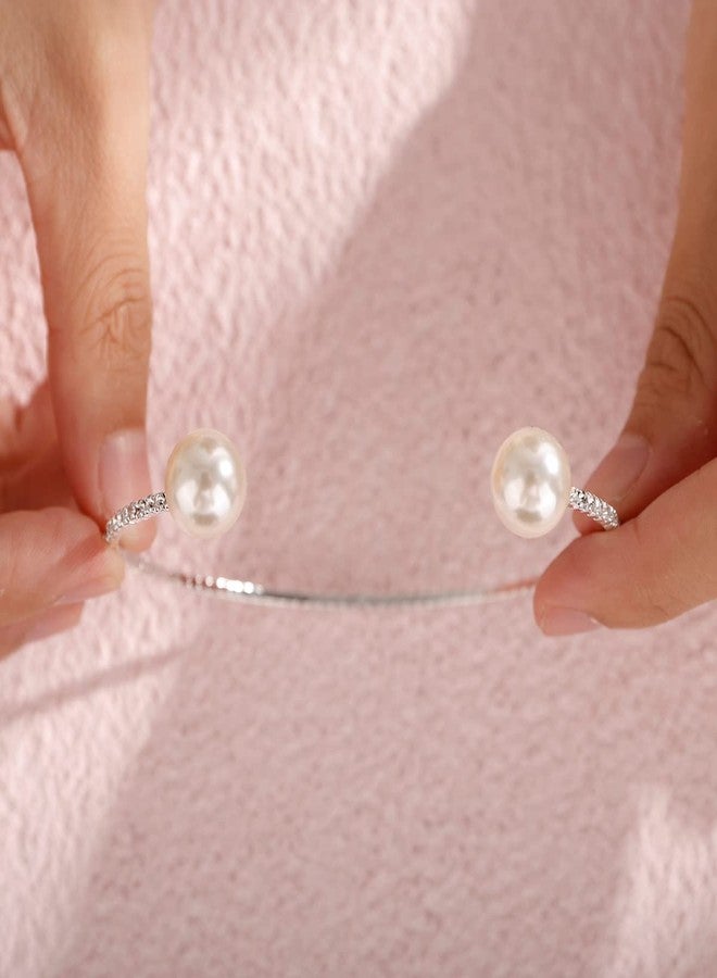 Xerling Pearl Open Cuff Bracelets for Women Minimalist Hand Chain Bracelets Bling Bridal Rhinestones Bracelets for Wedding Elastic Hand Jewelry Stretchable (Type A-Silver) - Image 5