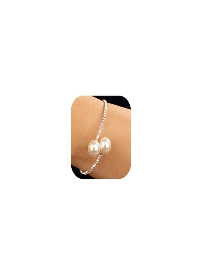 Xerling Pearl Open Cuff Bracelets for Women Minimalist Hand Chain Bracelets Bling Bridal Rhinestones Bracelets for Wedding Elastic Hand Jewelry Stretchable (Type A-Silver) - Image 1