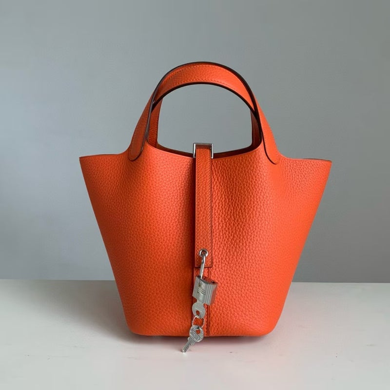 18cm Wax Line Hand Sewed TC Top Layer Cowhide Vegetable Basket Bag Bucket Bag Genuine Leather Womens Bag Handbag Orange 