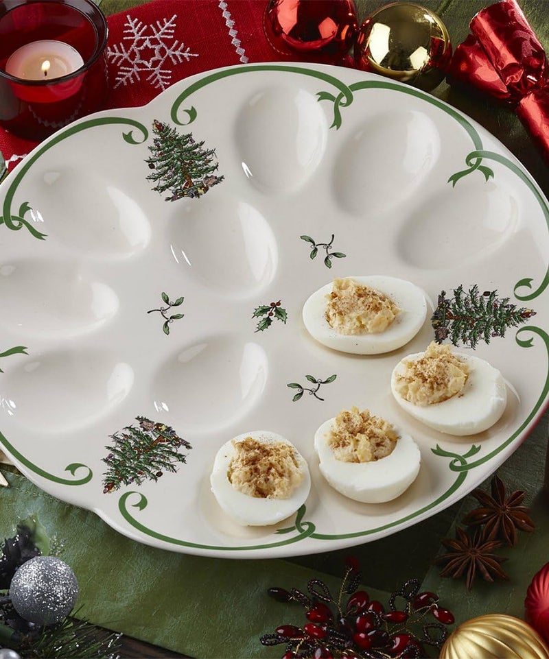 Spode طبق بيض الشيطان شجرة عيد الميلاد من سبود، 13 بوصة صينية تقديم البيض للعطلات - تصميم شجرة عيد الميلاد والهدال، أدوات مائدة من البورسلين الفاخر، صينية مقبلات آمنة في غسالة الصحون، أدوات تقديم احتفالية - Image 3