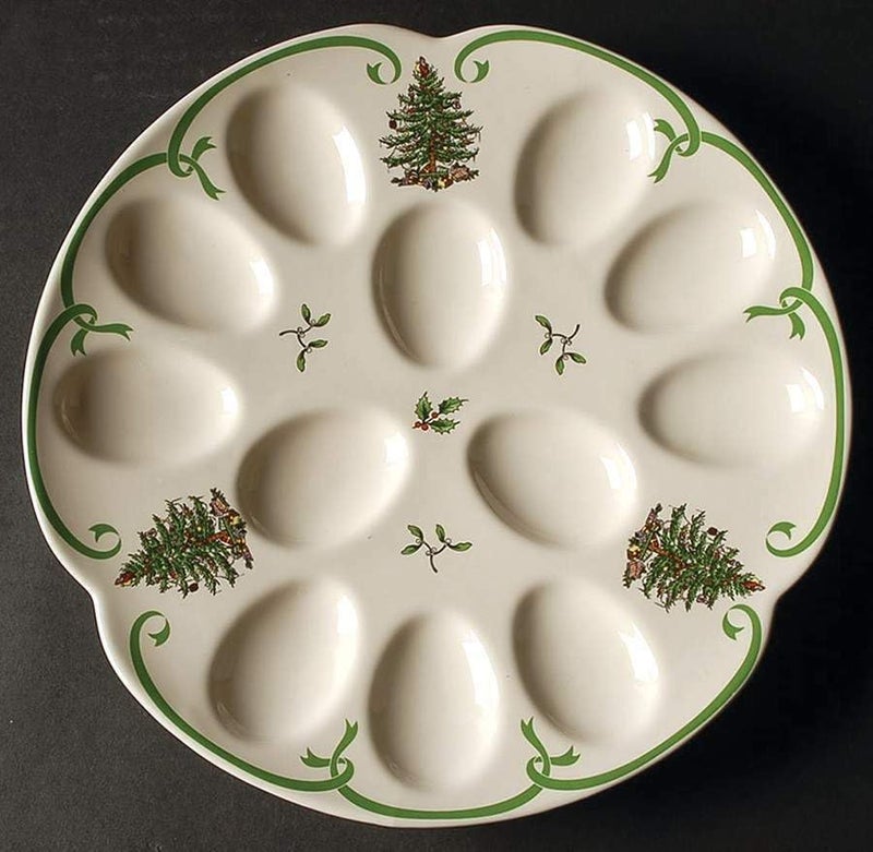 Spode طبق بيض الشيطان شجرة عيد الميلاد من سبود، 13 بوصة صينية تقديم البيض للعطلات - تصميم شجرة عيد الميلاد والهدال، أدوات مائدة من البورسلين الفاخر، صينية مقبلات آمنة في غسالة الصحون، أدوات تقديم احتفالية - Image 2