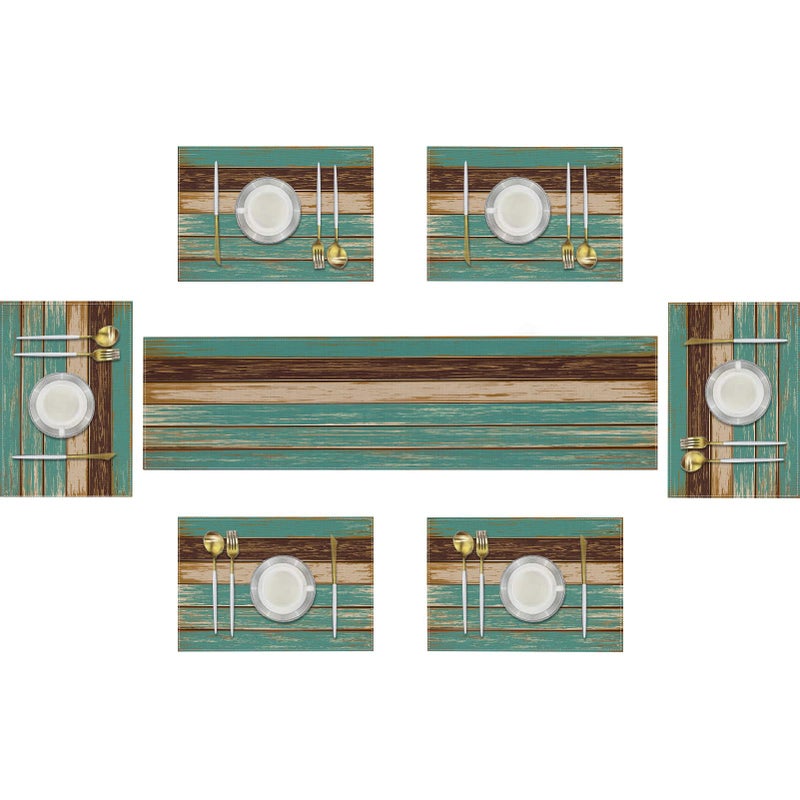 Emvency Cotton Burlap Farmhouse Table Runner with 6 PlacematsBlue Teal HeatResistant Set for Kitchen Coffee Table Party Banquet Decor1 Table Runner 72 inches Long and 6 Placemats