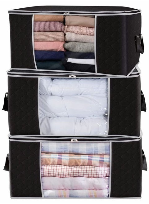 3PCS Large Capacity Clothes Storage Bag Organizer with Reinforced Handle Thick Fabric for Comforters Blankets Bedding Foldable with Sturdy Zipper Clear Window